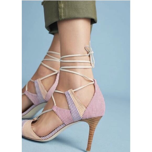 Anthropologie Billy Ella NEW Purple Orange Stripe Wrap Around Strap Heel Sandals - Picture 1 of 13